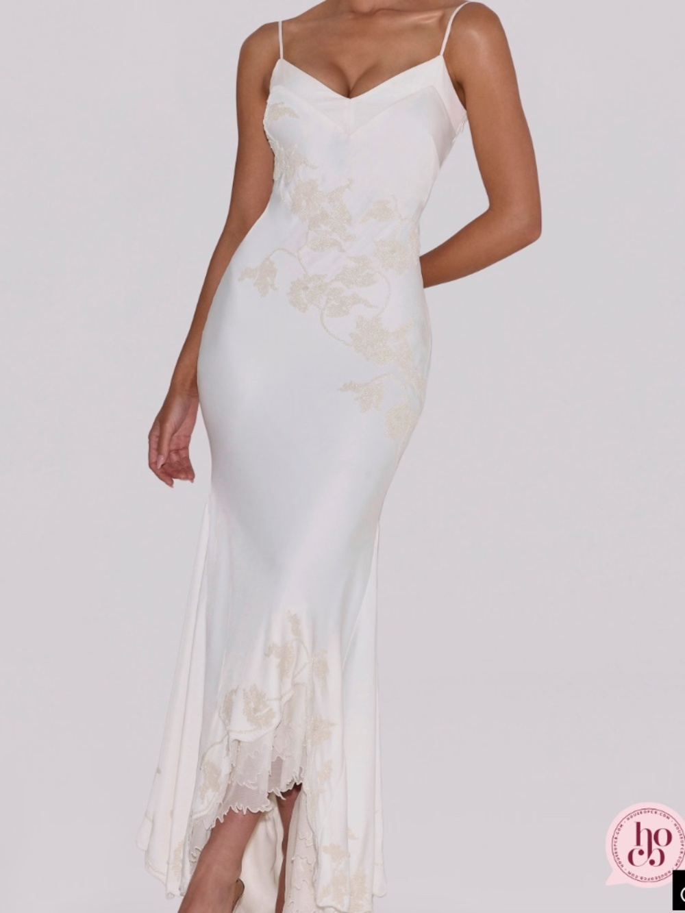 House of CB ANASTELLE Vintage Ivory Satin Hand Beaded Embellished Maxi Dress